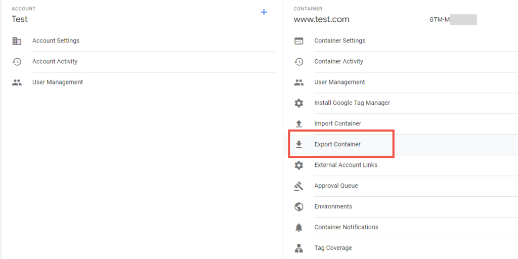 Screenshot of Google Tag Manager; export container button