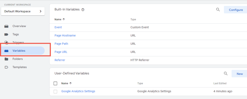 Screenshot of Google Tag Manager; variables button