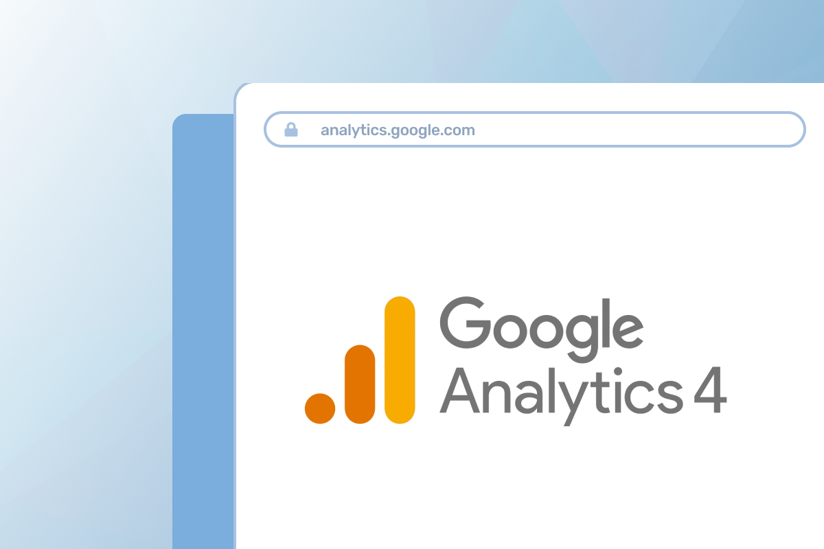 Google Analytics 4 logo on a desktop screen, overlaid on standard seoplus+ background