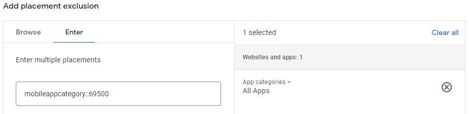 Screenshot of placement exclusion settings in Google Ads