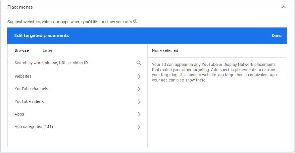 Screenshot of placement settings in Google Ads