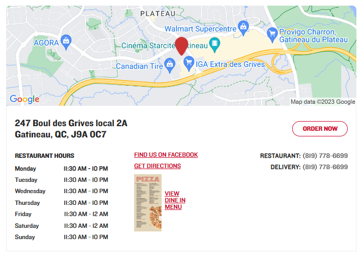 Screenshot of Boston Pizza store details