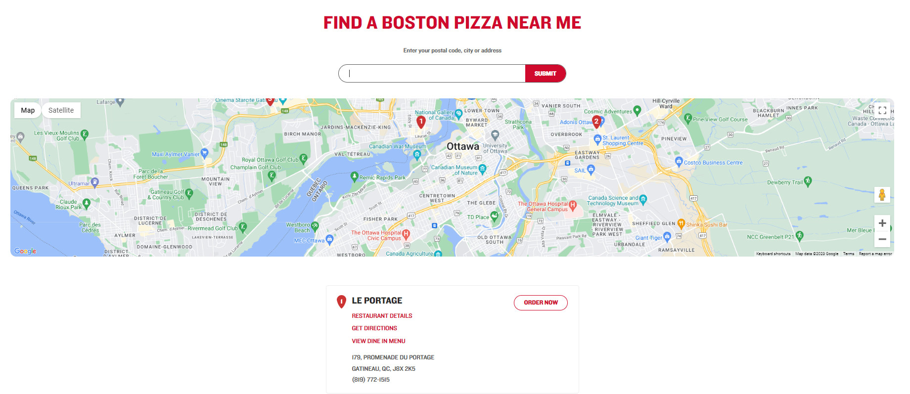 Screenshot of Boston Pizza store locator