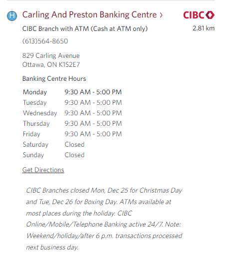 Screenshot of CIBC hours