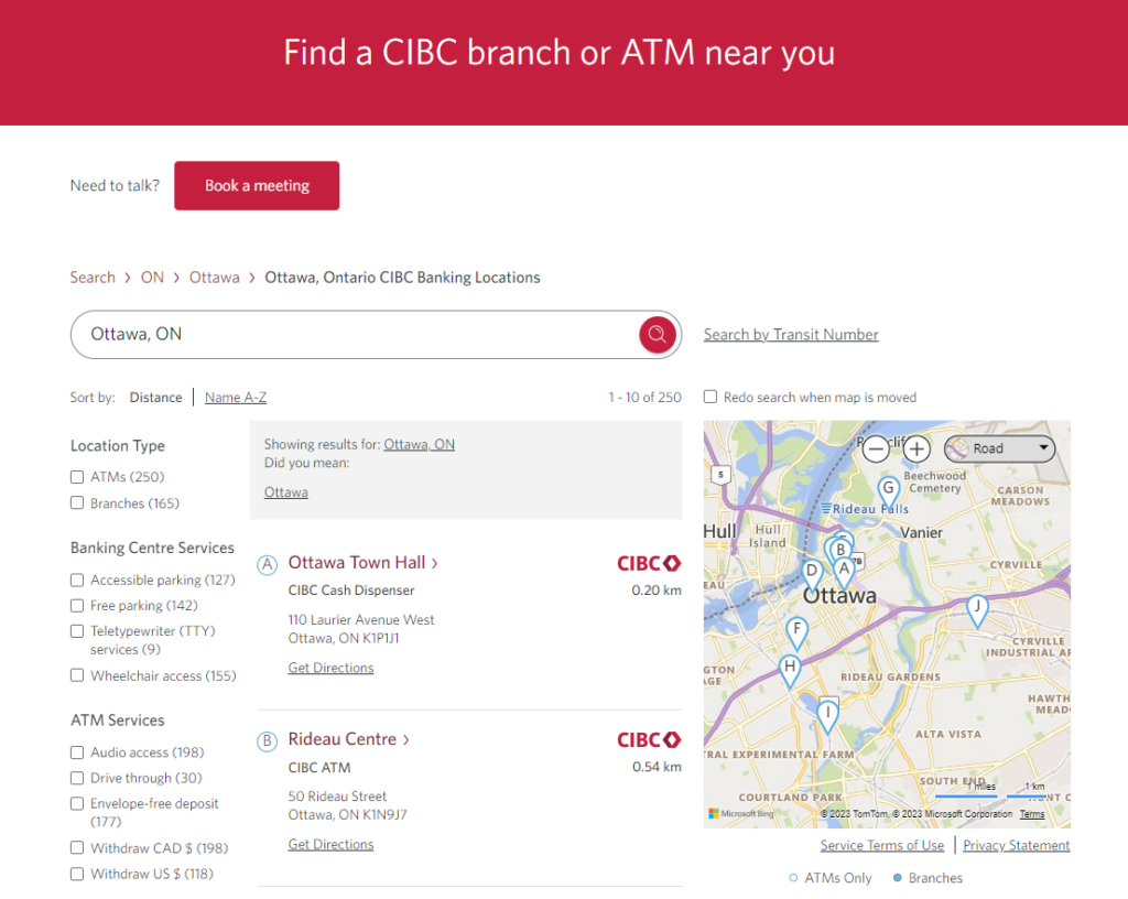 Screenshot of CIBC store locator