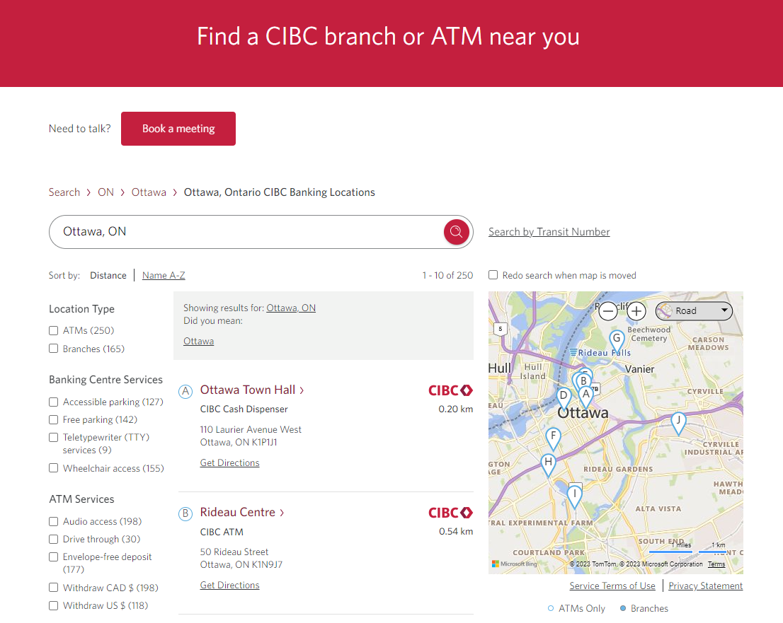 Screenshot of CIBC store locator