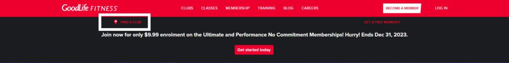 Screenshot of GoodLife Fitness website navigation