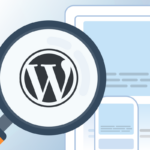 Illustration of WordPress logo under a magnifying glass, with desktop & mobile devices in the background