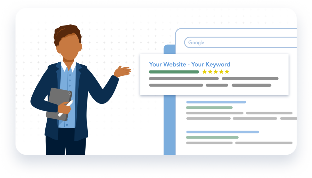 Graphic of a marketer giving a presentation, next to a representation of a Google search result