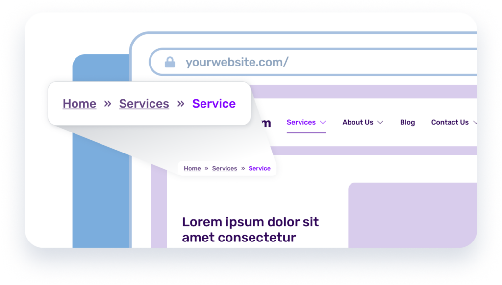SEO Glossary: Breadcrumbs 1 | Award-Winning Digital Marketing Agency Breadcrumb navigation showing the path Home > Services > Service on a website, with the URL ‘yourwebsite.com’ displayed in the browser address bar.