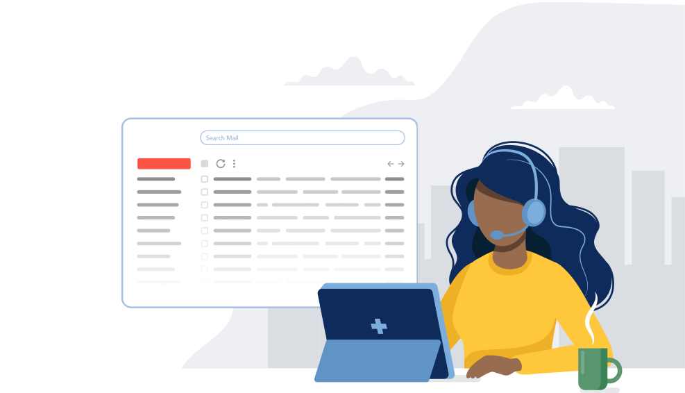Graphic of girl at a desk with a box showing an email inbox