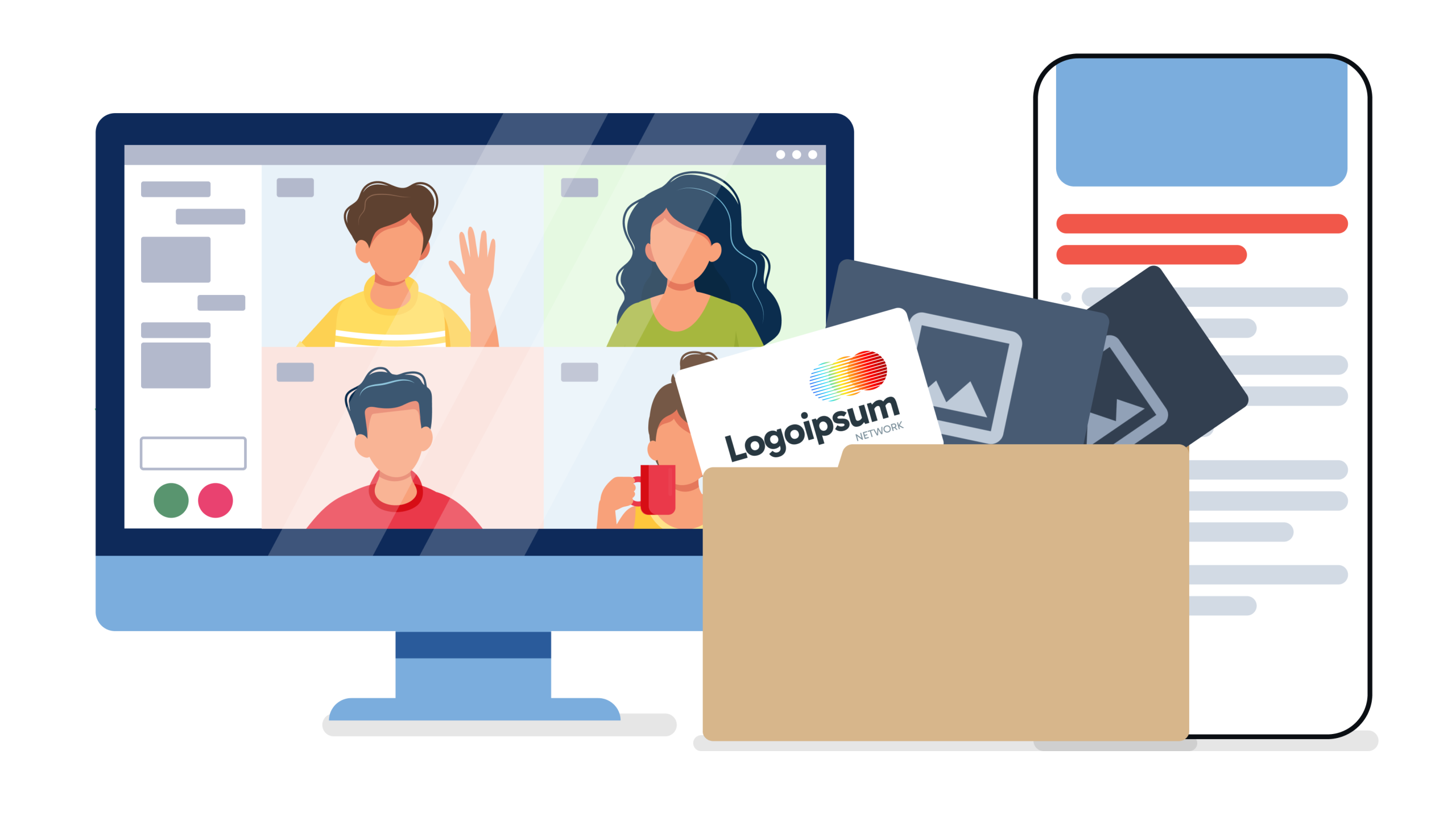 a graphic of a computer screen with a video call, a folder with files & a phone