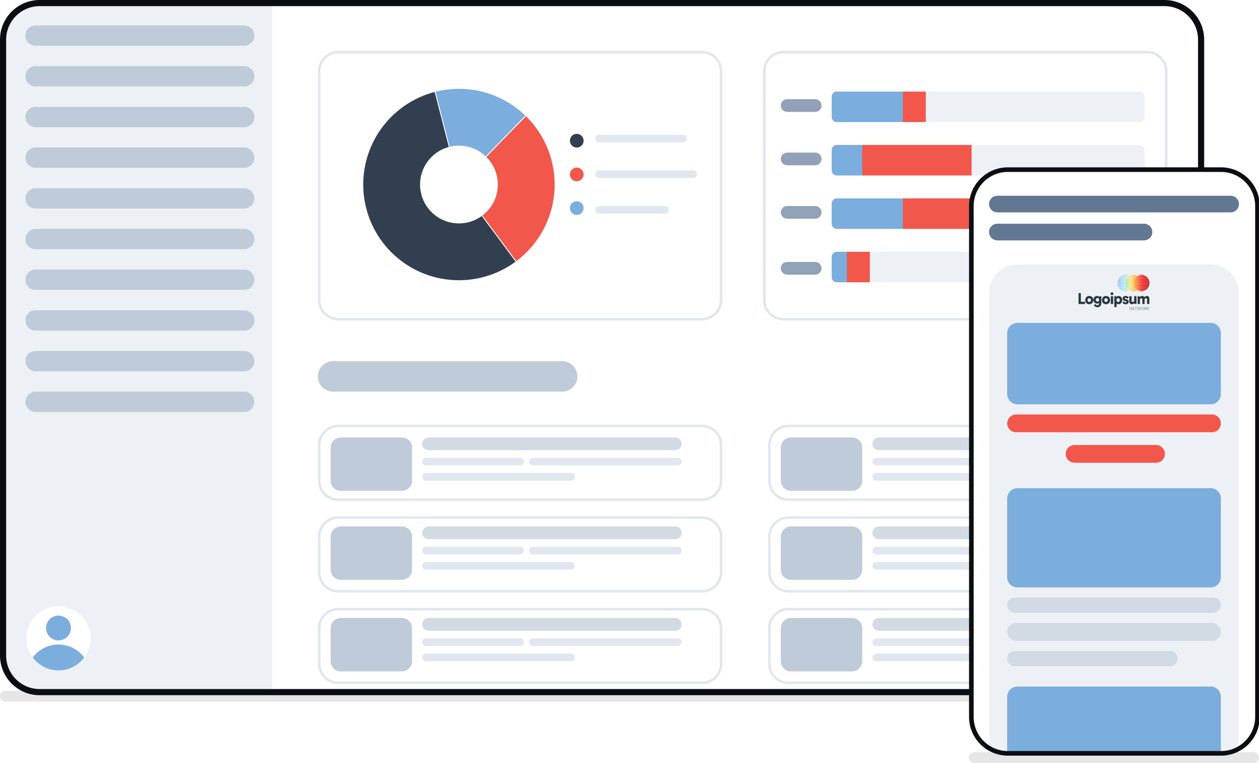 A graphic of a screen and phone with graphs and charts
