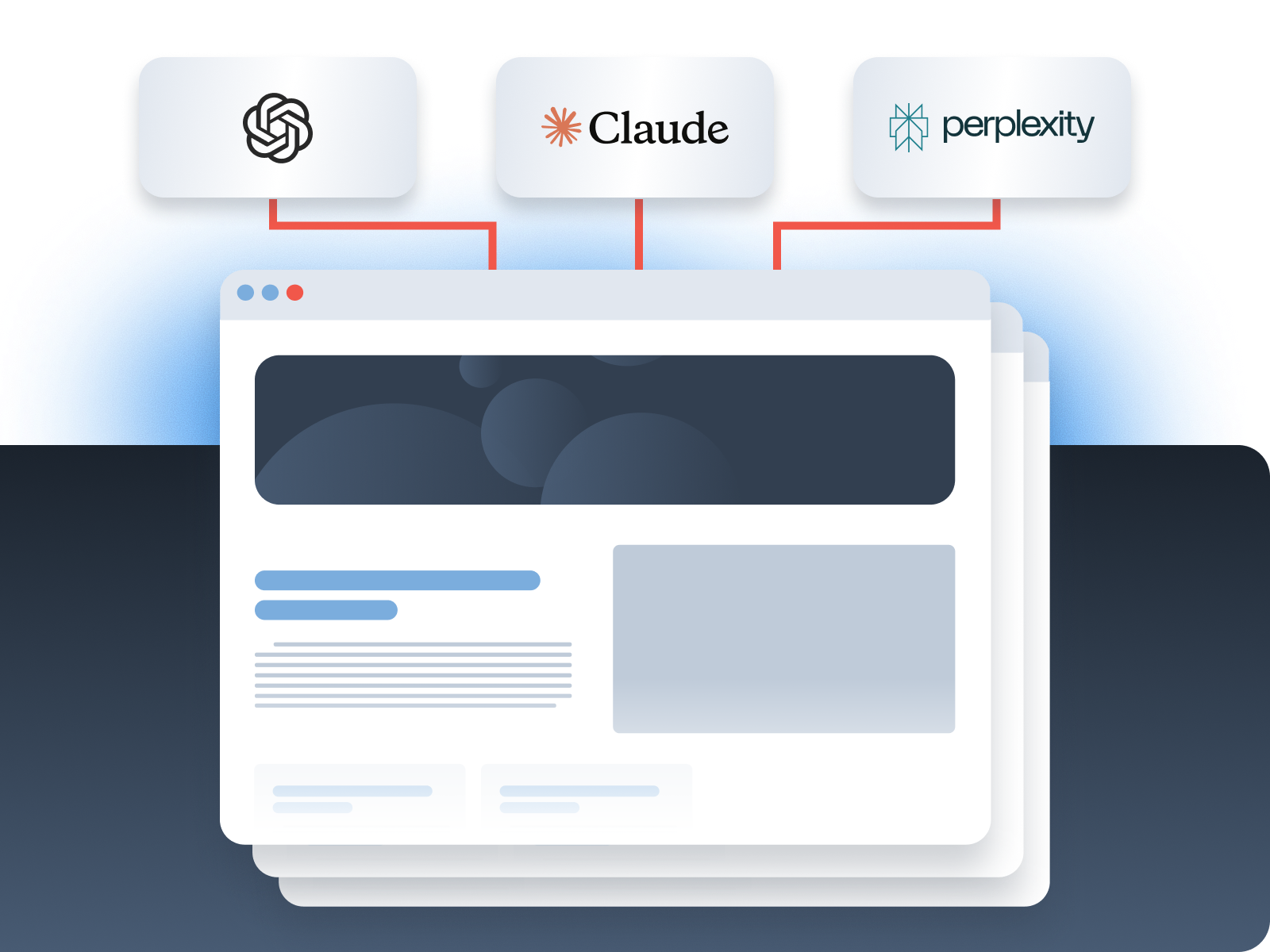 a web browser window with 3 ai logos pointing toward it