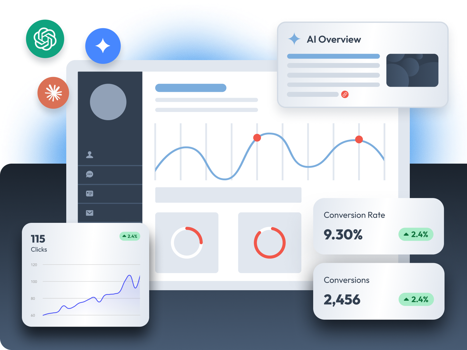 a web browser window with ai icons and stats