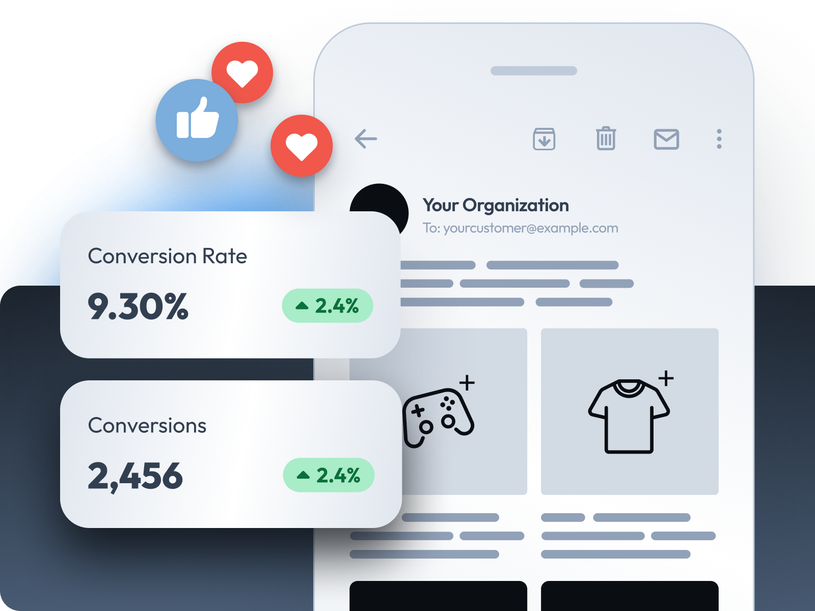 a graphic showing stats, social likes and a shopping cart